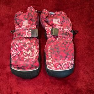 Hestra Kids Primaloft Insulated Winter Mittens Pink Red Geometric Print Size 5